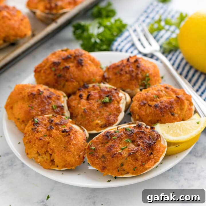 A plate of baked clams with a cocktail fork and lemon wedge on it with the pan, a striped napkin, lemon and parsley behind it.