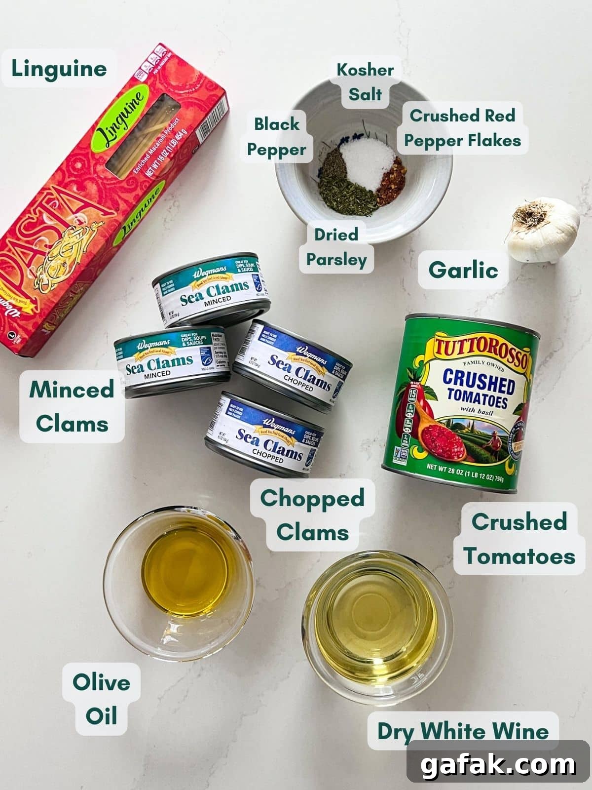 Ingredients used in clam sauce with linguine.