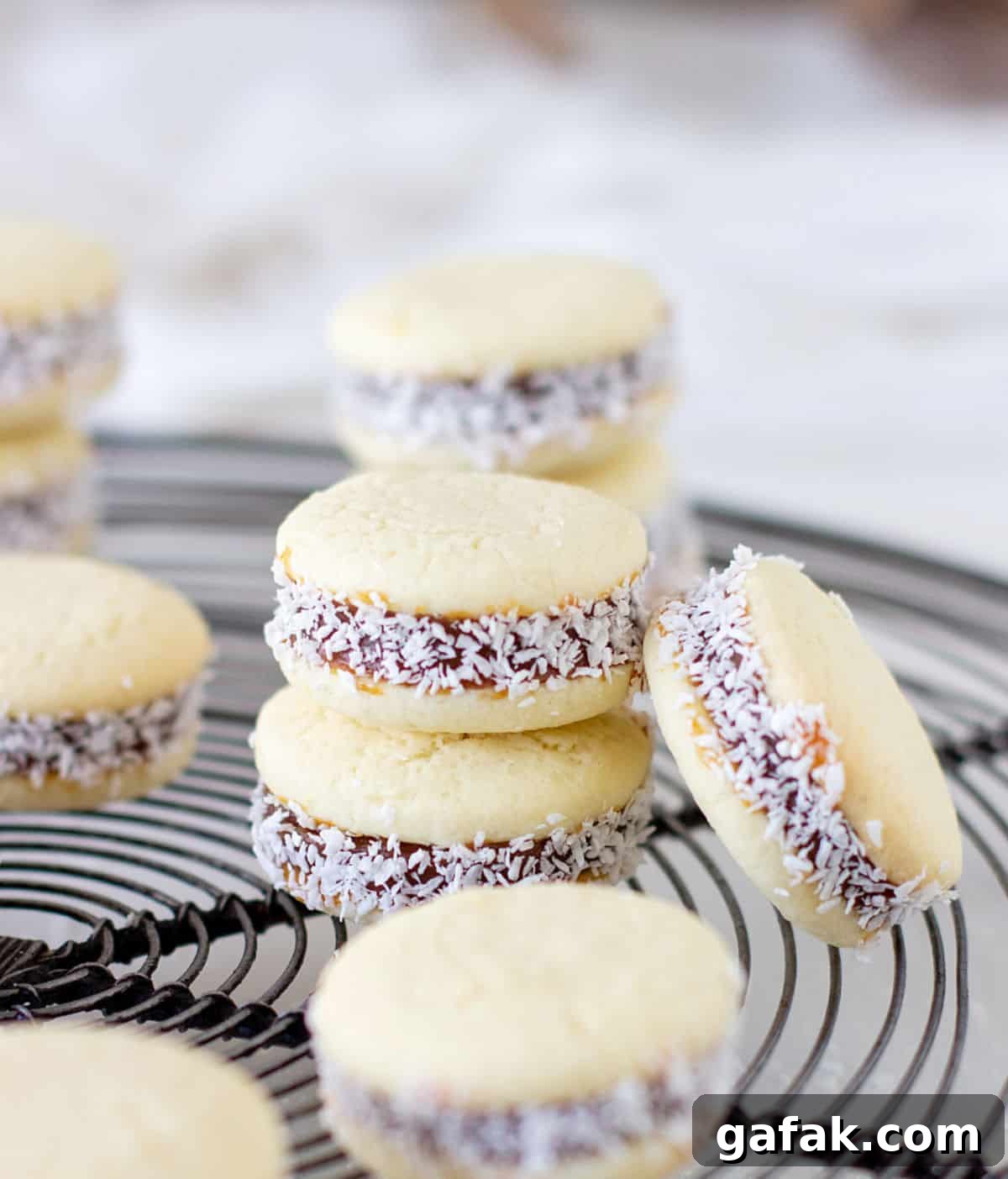 Metal wire rack with several cornstarch alfajores with coconut. White background. 