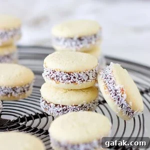 Several stacked alfajores on grey wire rack.