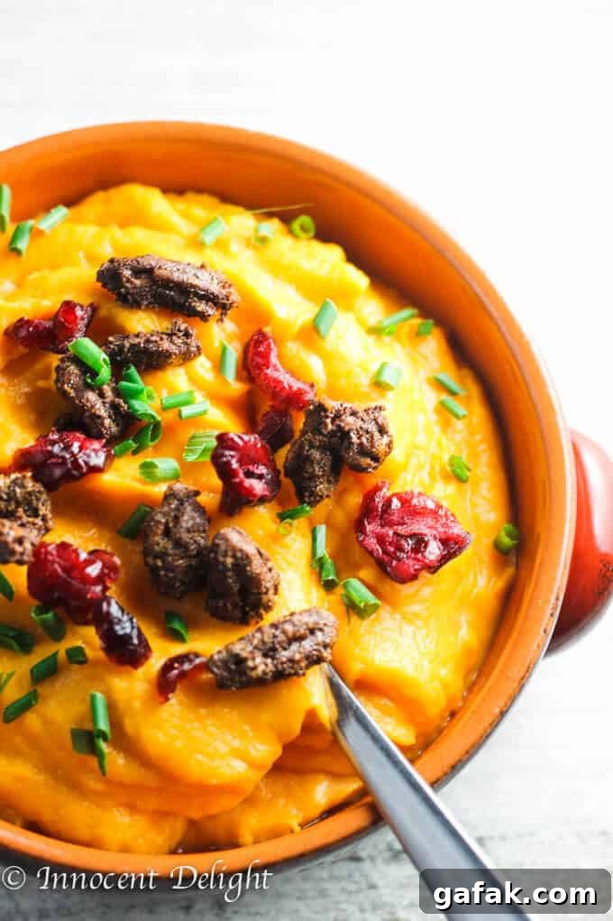 Maple Mashed Sweet Potatoes with Candied Pecans, Craisins and Chives