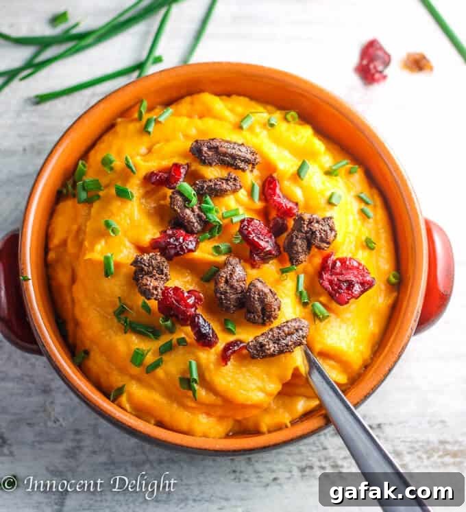 Maple Mashed Sweet Potatoes with Candied Pecans, Craisins and Chives