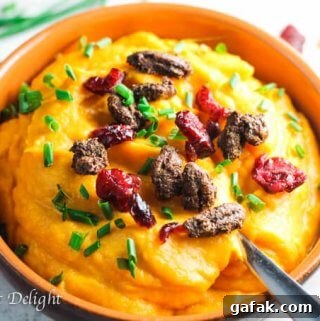 Maple Mashed Sweet Potato with Candied Pecans, Craisins and Chives