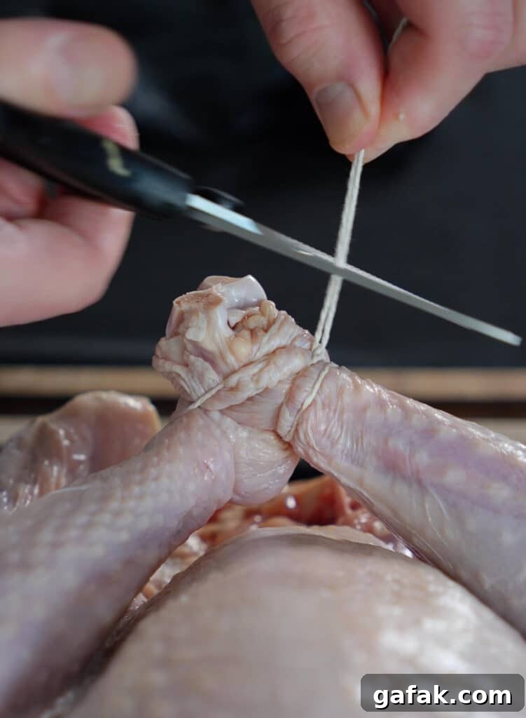 How to Smoke a Turkey: Step-by-Step Guide for Juicy Results 4 scissors cutting butchers twine that is tying two turkey legs together.