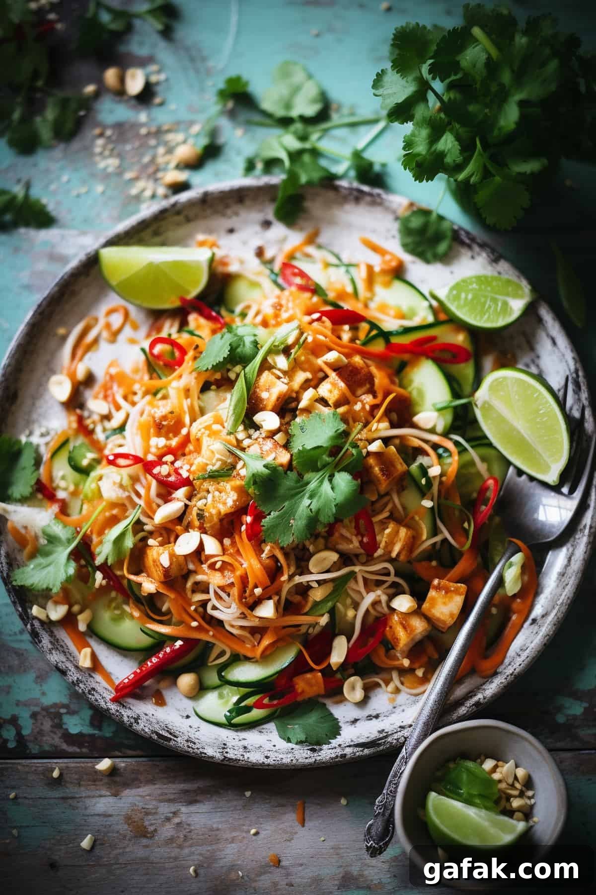Vegetable pad thai on a white plate.