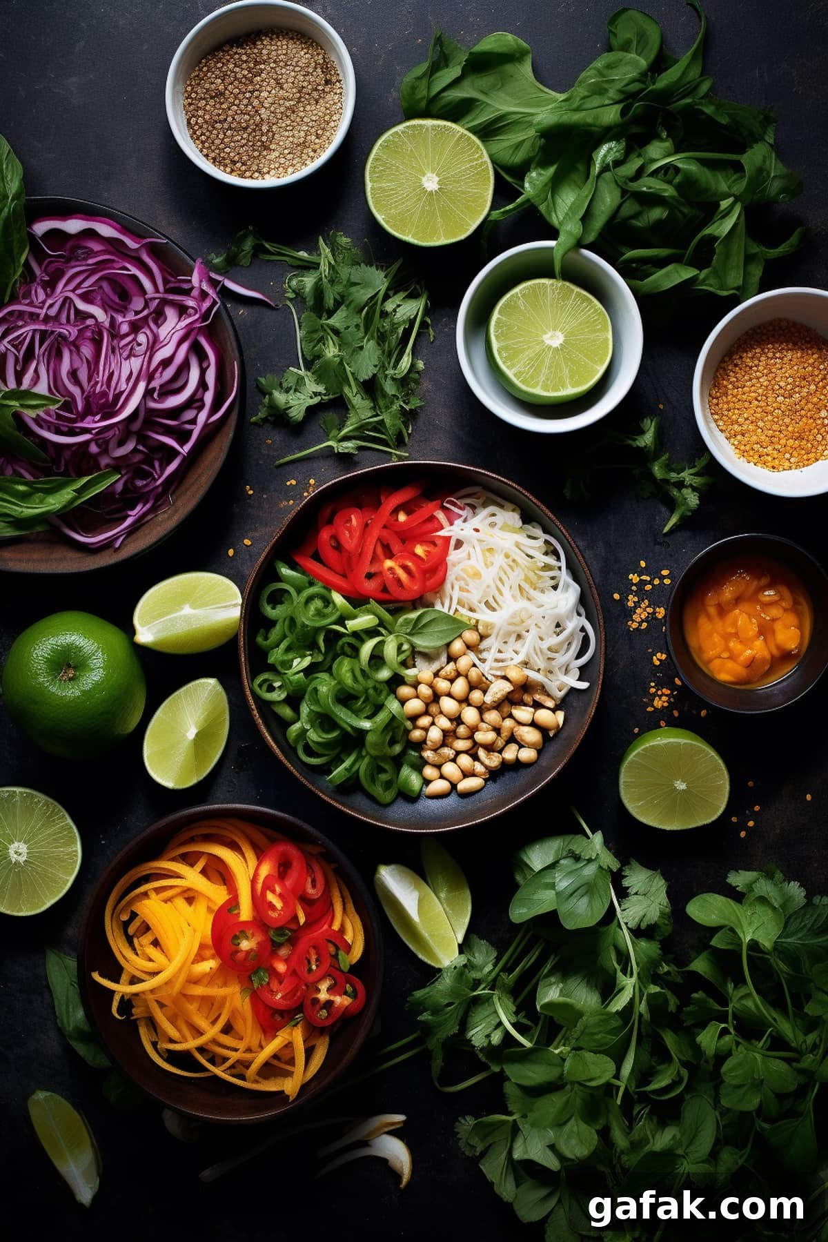 Ingredients for vegetable pad Thai on a black table.