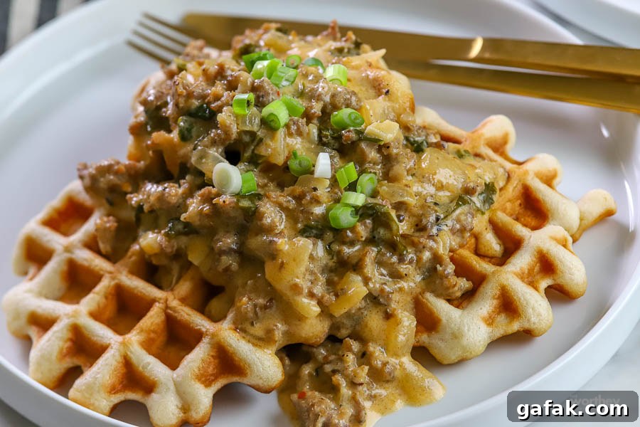 waffles with sausage gravy piled on top plated on a white plate with gold flatware