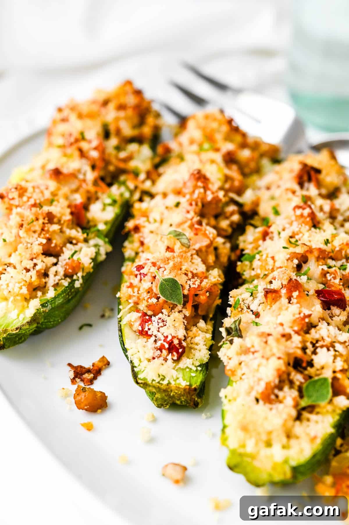 We are serving the zucchini boats on a white platter. 