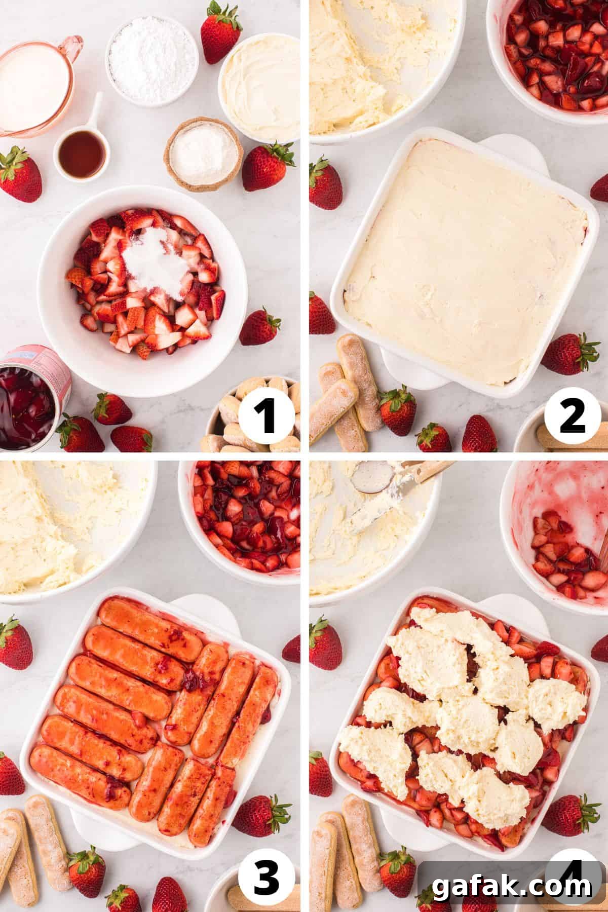 Collage of Strawberry Tiramisu Recipe Steps