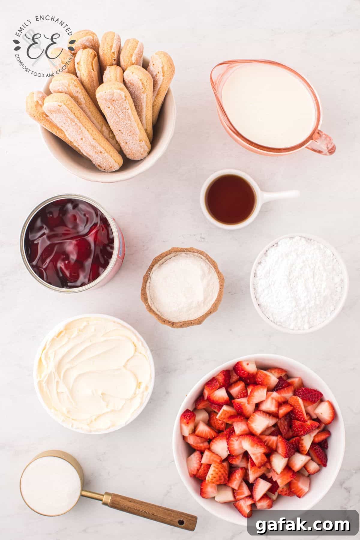 Strawberry Tiramisu Ingredients in bowls in a flat lay view