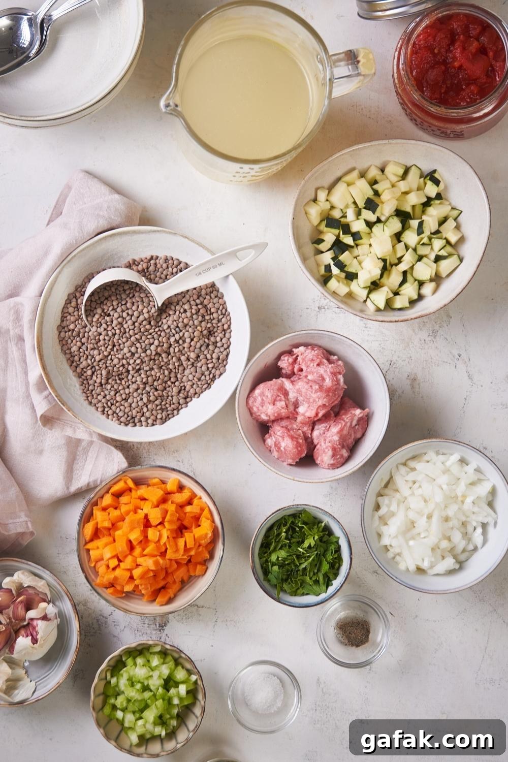 A countertop with multiple bowls containing the ingredients to make homemade carrabba's lentil soup.