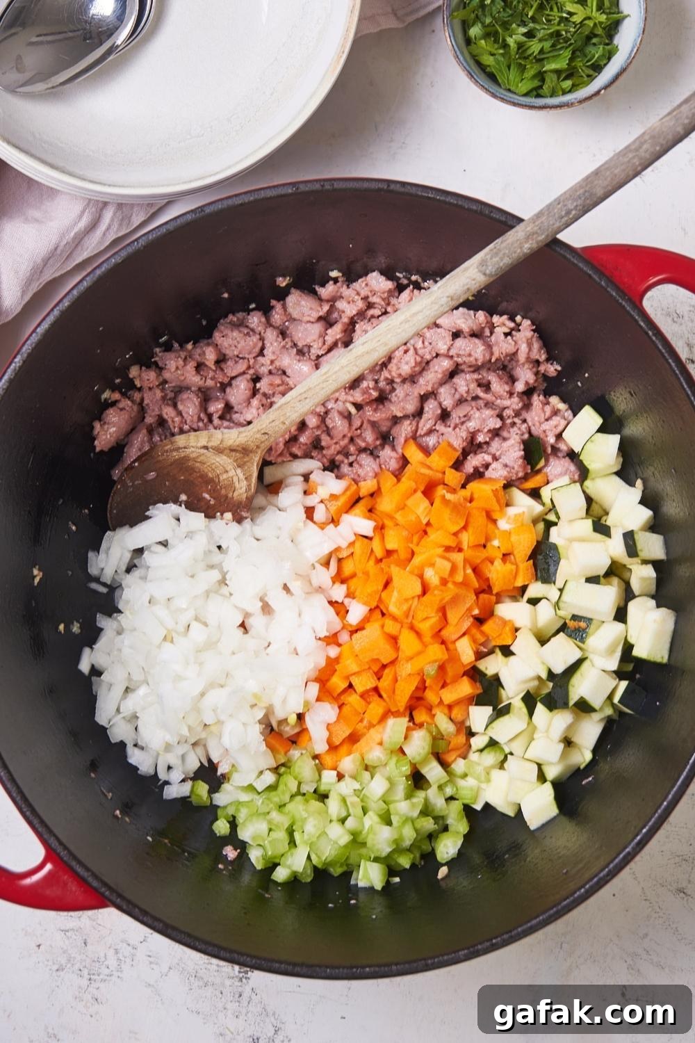 A large pot with sausage and vegetables in it. A wooden spoon sits in the pot.