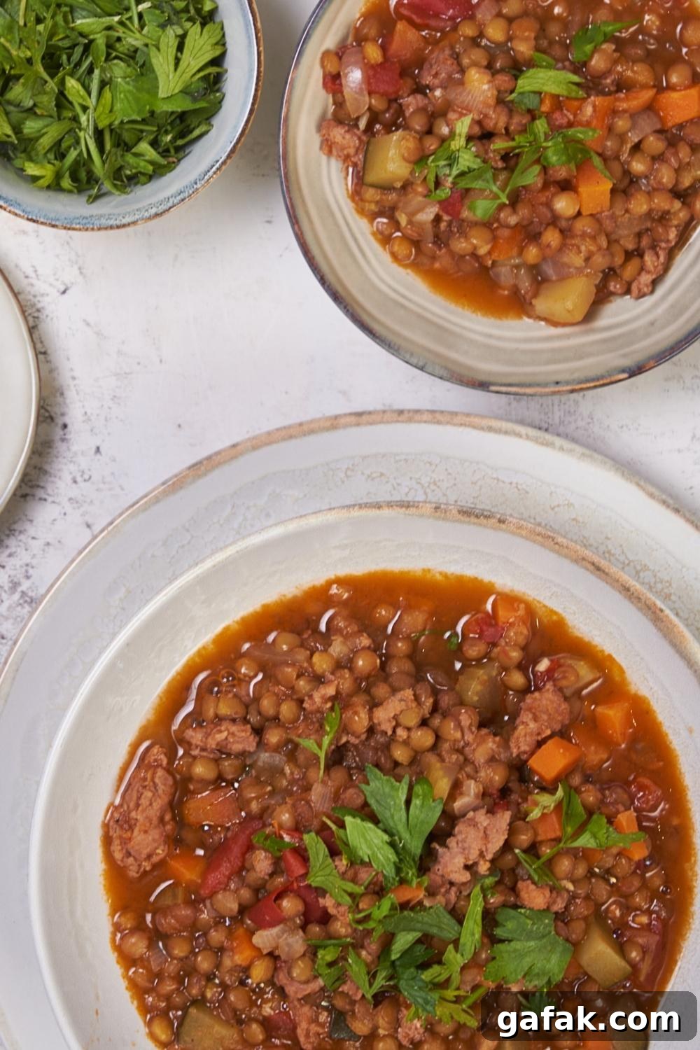An overhead view of a bowl with homemade carrabba's lentil soup garnished with parsley.
