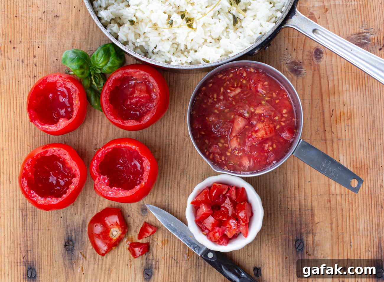 Puttanesca Rice-Stuffed Tomatoes (Karen’s Savory Recipe) 4 Hollow out tomatoes - save tops for dicing