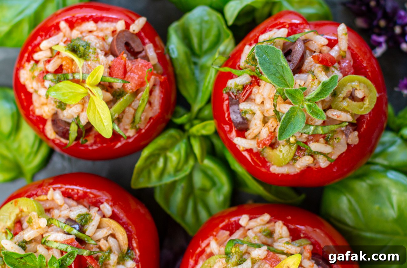 Puttanesca Rice-Stuffed Tomatoes (Karen’s Savory Recipe) 6 Puttanesca Rice Stuffed Tomatoes on a platter