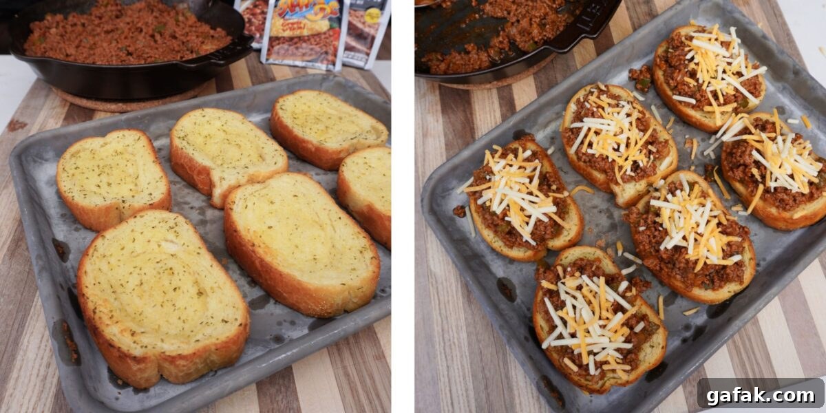 2 images of garlic texas toast slices.  On the left the dents in the slices, while on the right a fully loaded slices.