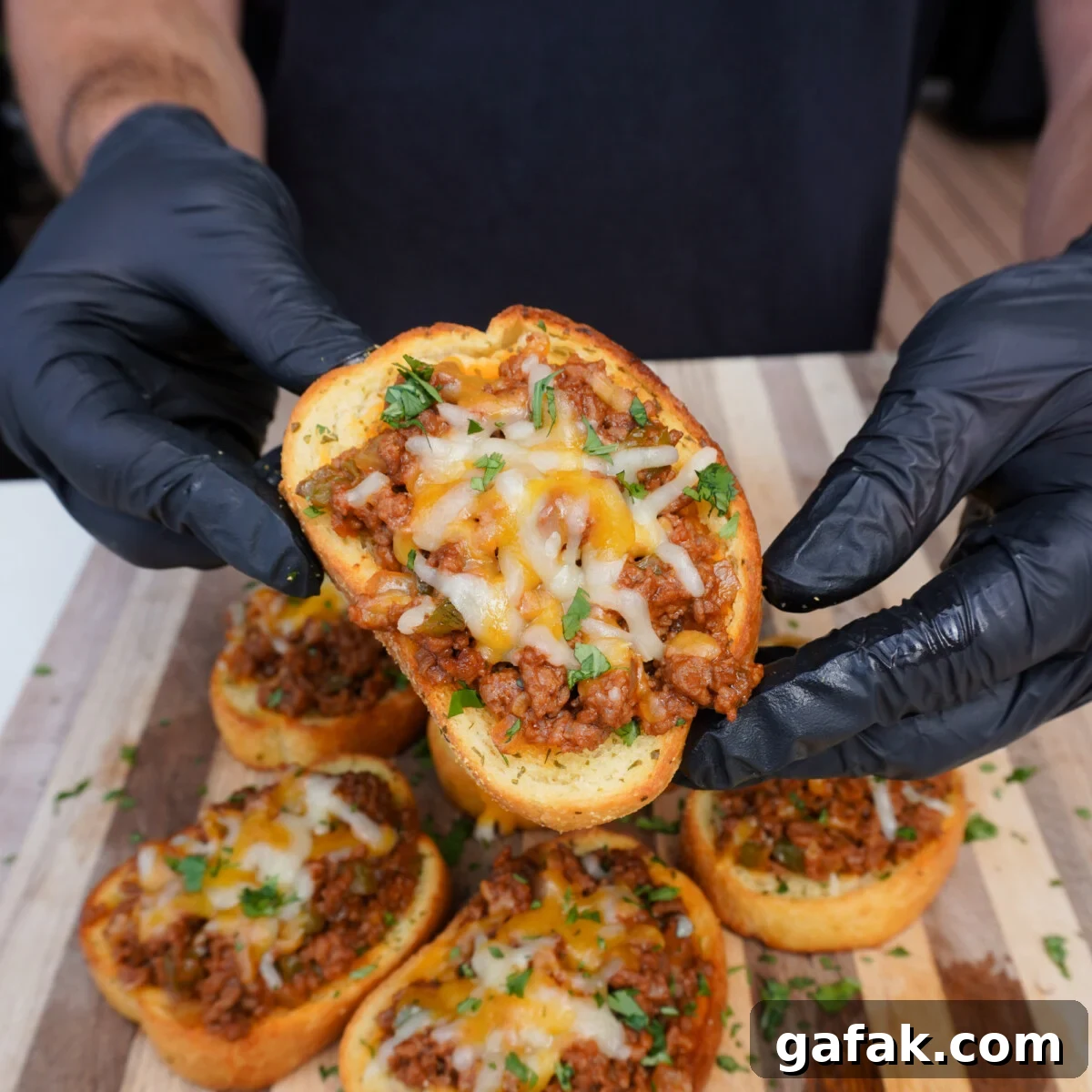 Texas Toast Sloppy Joe slice presented.