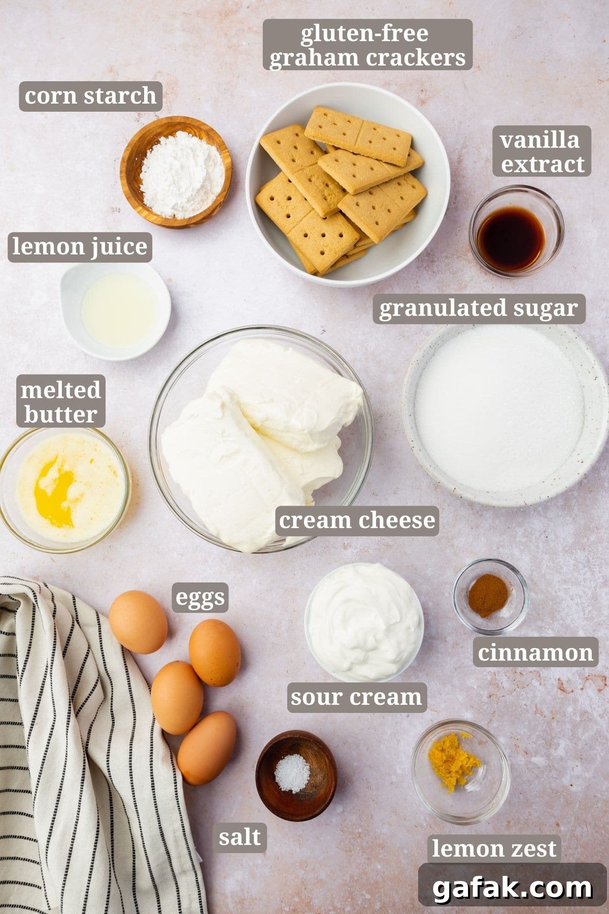 Ingredients for making gluten-free cheesecake.
