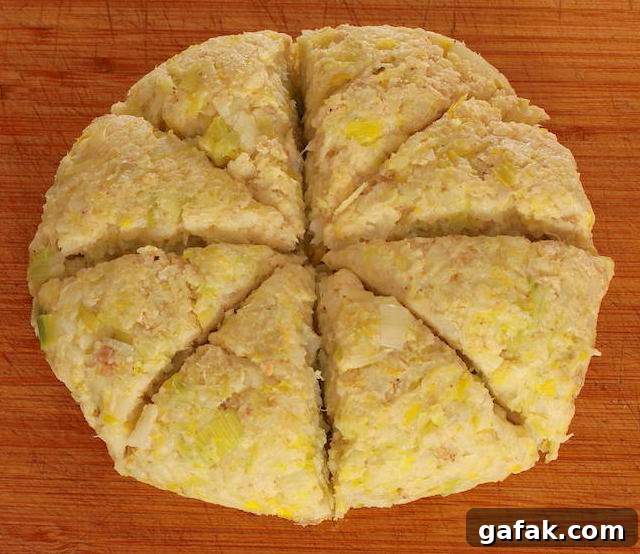 Vegan Potato Pancakes with Leeks batter formed into a mound and cut into 8 equal pieces