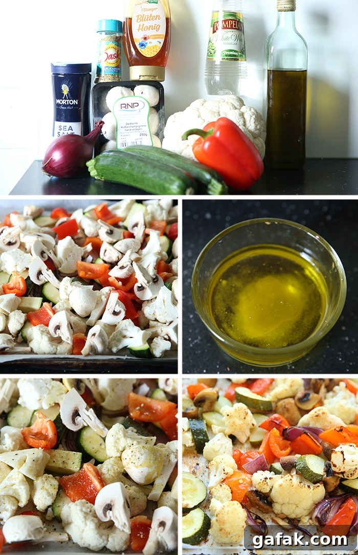 5-photo picture collage of step-by-step photos of how to make white balsamic roasted vegetables.