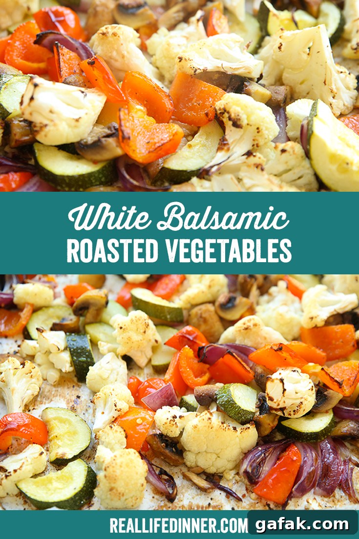 Two-photo Pinterest picture with the text "White Balsamic Roasted Vegetables" separating the two in the middle.