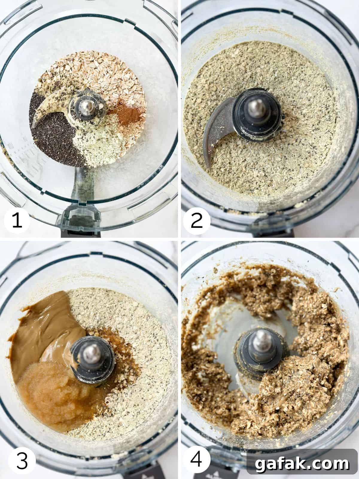 Step by step process of grinding the oats and dry ingredients in a food processor and adding applesauce and sunbutter to make protein balls.