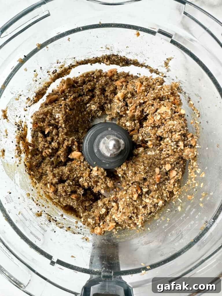 All the dough for energy balls mixed together in a food processor.