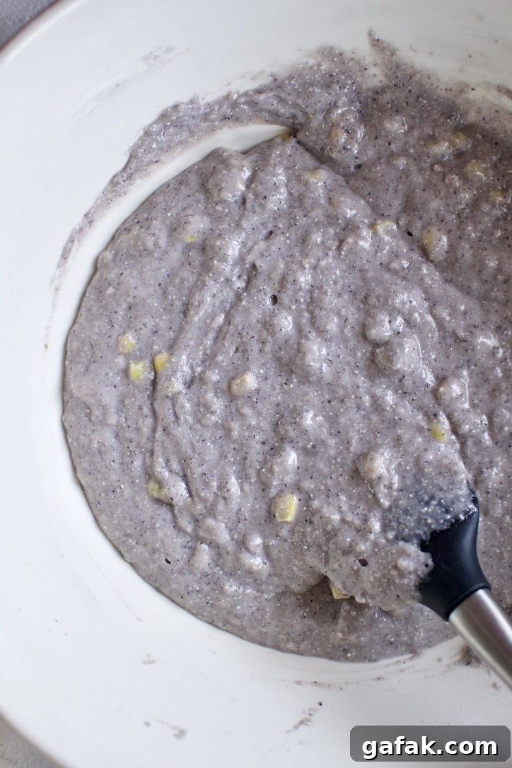 Blue Cornbread batter folded together ready to bake.