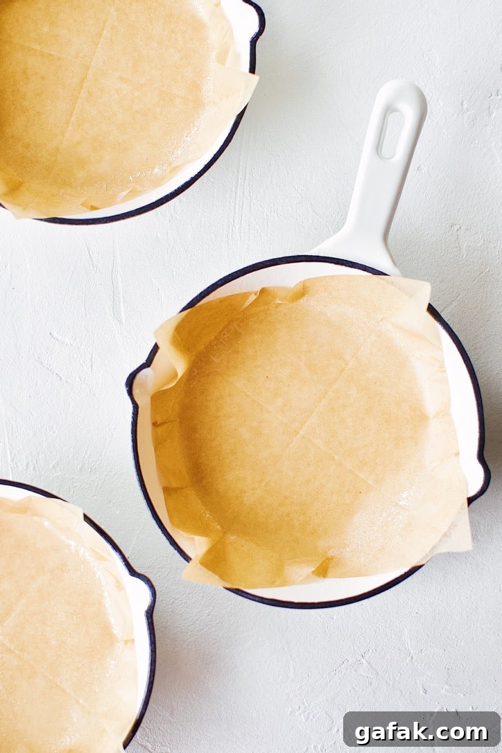 Parchment lined mini skillet.