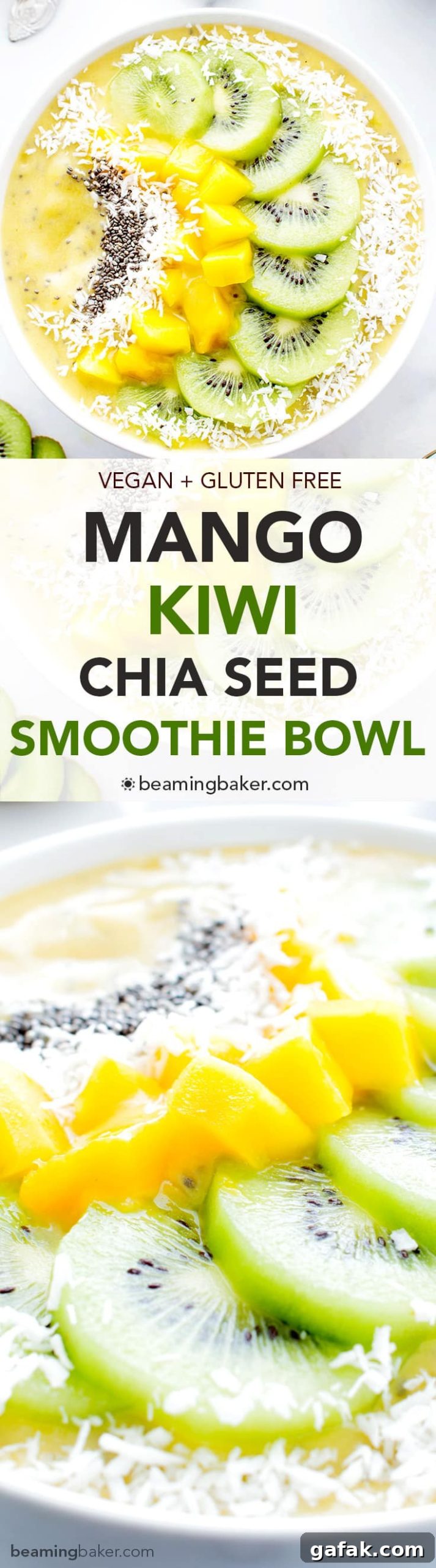 Mango Kiwi Chia Seed Smoothie Bowl (V+GF): a super easy recipe for a light, refreshing and filling smoothie bowl full of mangoes and topped with kiwis. #Vegan #GlutenFree | BeamingBaker.com