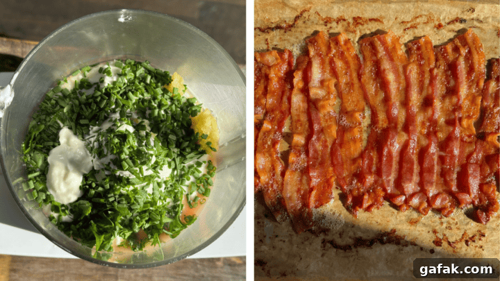 Apple Salad with Creamy Yogurt Dressing for Refreshing Flavor 4 a photo of yogurt dressing ingredients in a food processor next to a photo of bacon on a baking sheet
