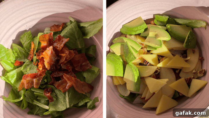 Apple Salad with Creamy Yogurt Dressing for Refreshing Flavor 5 a photo of lettuce and bacon in a pink bowl next to a photo of apples and pecans added to the bowl