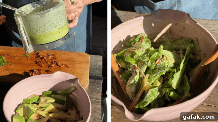 Apple Salad with Creamy Yogurt Dressing for Refreshing Flavor 6 a photo of pouring the dressing on the salad next to a photo of the salad tossed together