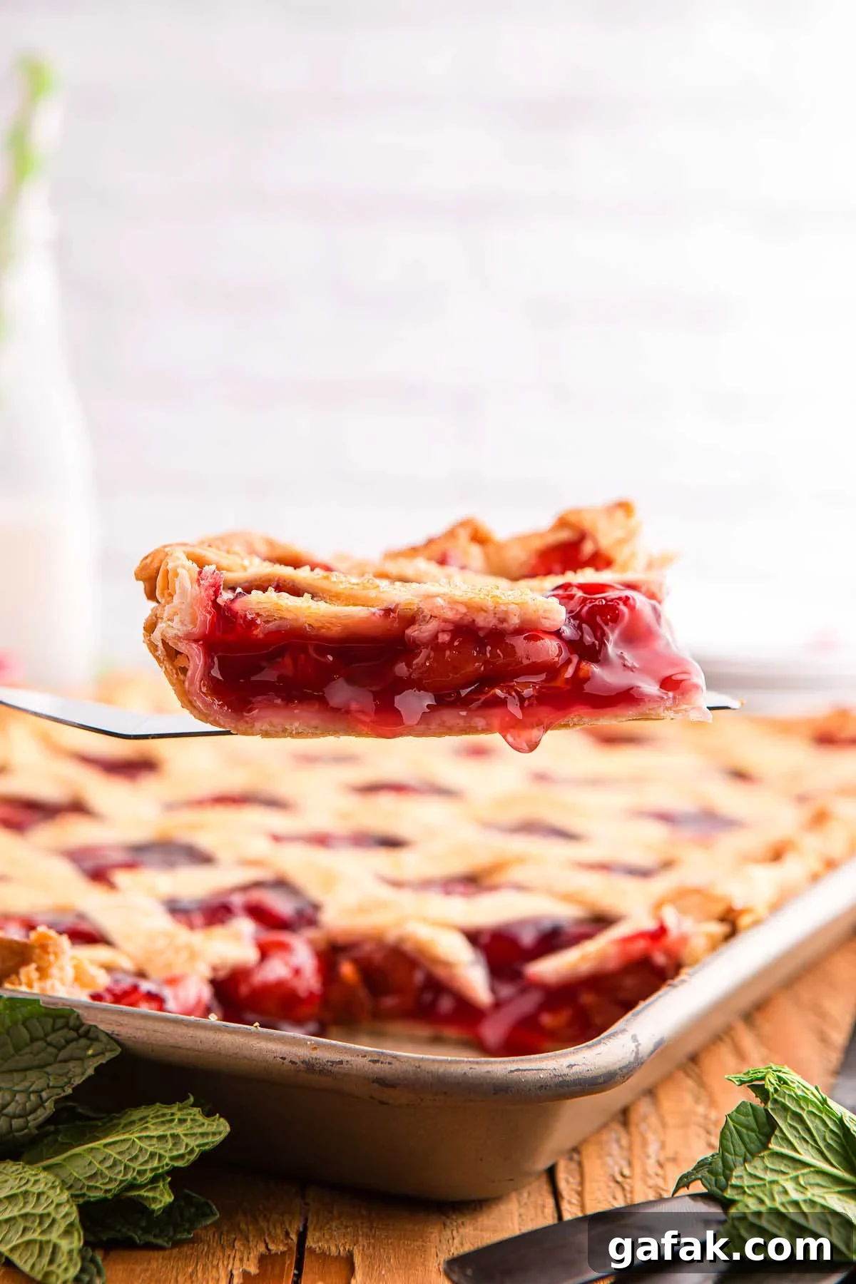 A slice of cherry pie with a lattice crust is carefully lifted from the baking tray with a spatula, revealing its luscious filling—a perfect piece of cherry slab pie.