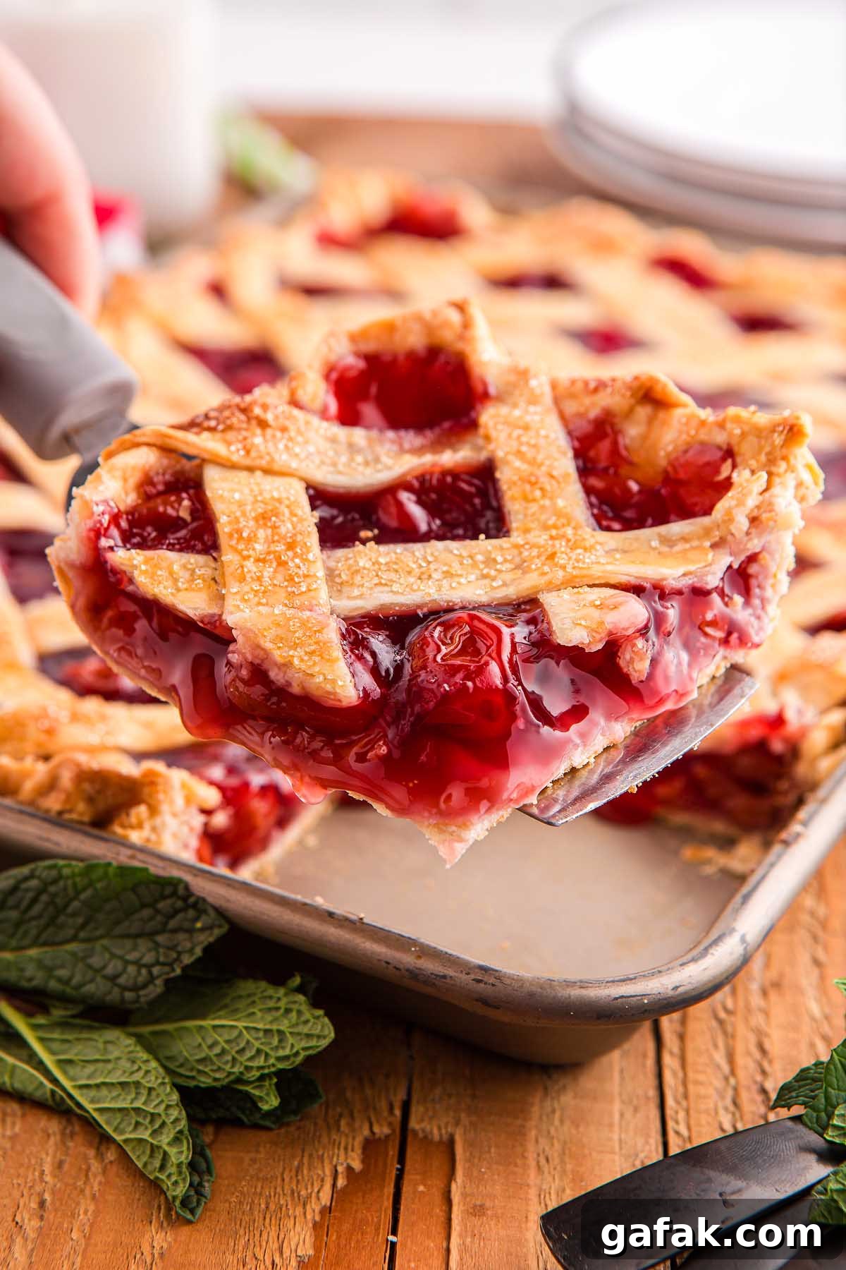 Close-up of a cherry slab pie slice with a golden lattice crust being lifted from a baking tray.