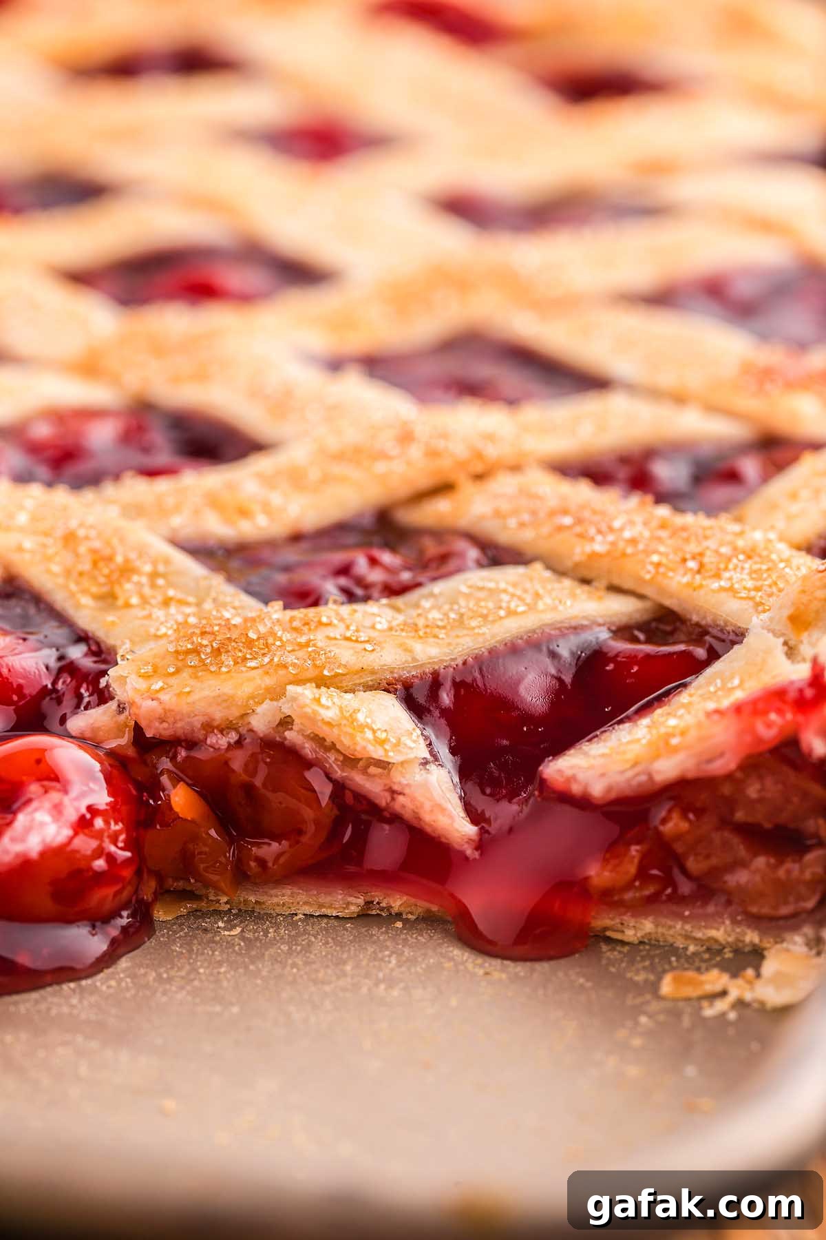 Close-up of a cherry slab pie with a lattice crust, showcasing juicy filling spilling out.