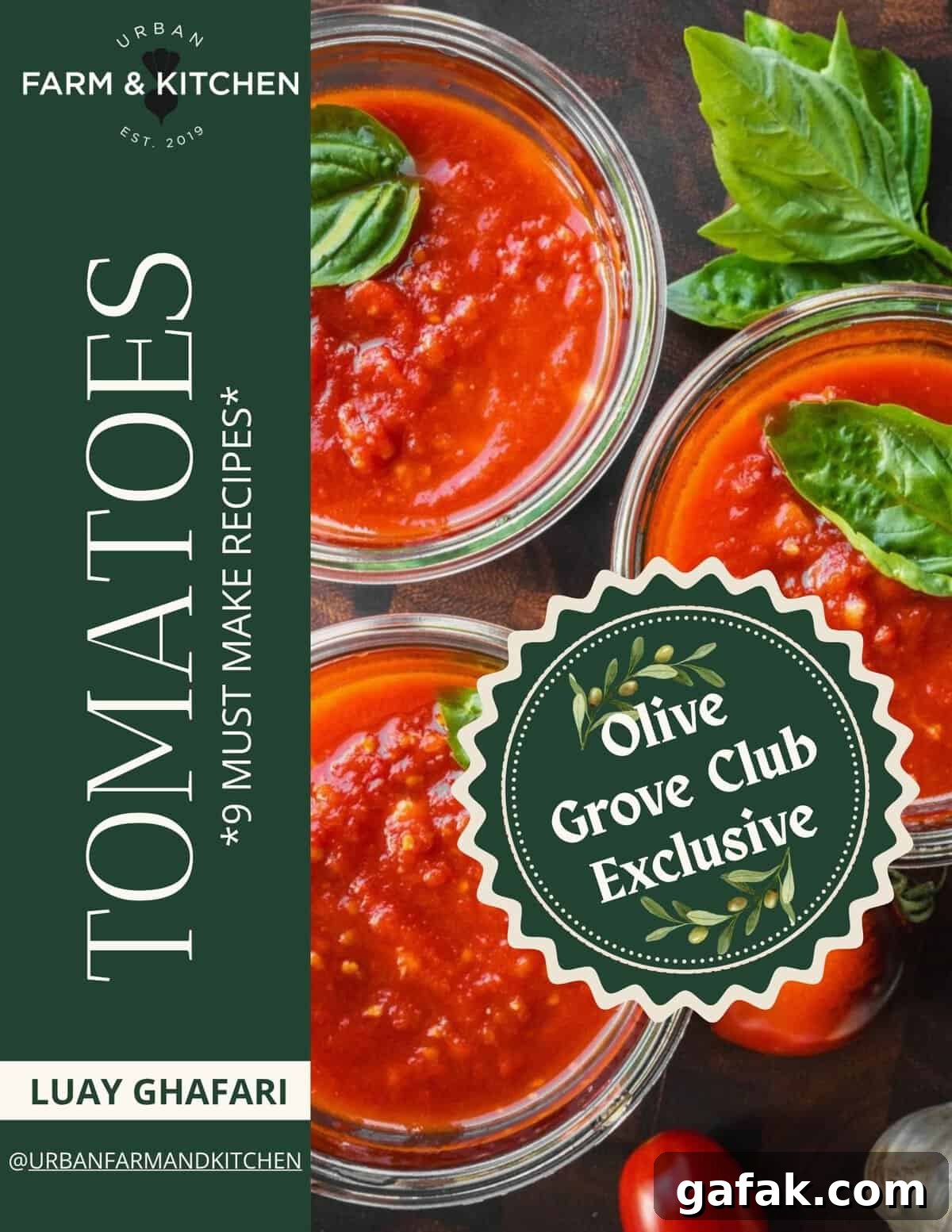 Tomato Guide: Exclusive Olive Grove Club eBook 2 Cover of the tomato eBook showing tomato sauce in jars.