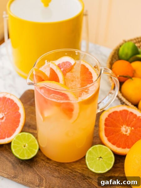 Make-Ahead Paloma Pitcher Cocktail Recipe 9 a large pitcher of grapefruit palomas with grapefruits and limes around it