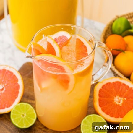 Make-Ahead Paloma Pitcher Cocktail Recipe 10 a large pitcher of grapefruit palomas with grapefruits and limes around it