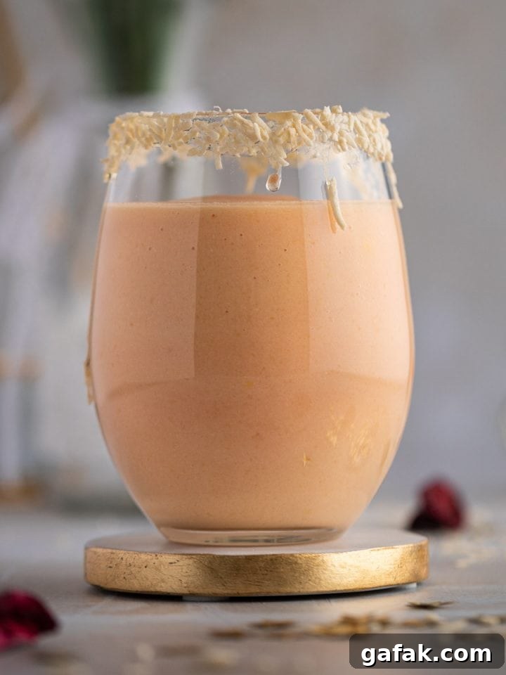A light pink colored papaya smoothie in a large round glass, with the rim of the glass lined with shredded coconut.