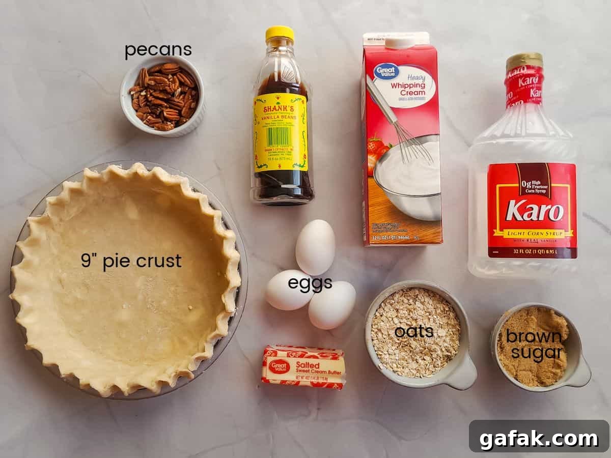 Amish Oatmeal Pie Recipe (Pecan-Style Mock Pie) 2 Ingredients: pie crust, pecans, vanilla, cream, karo, brown sugar, oats, eggs, and butter.