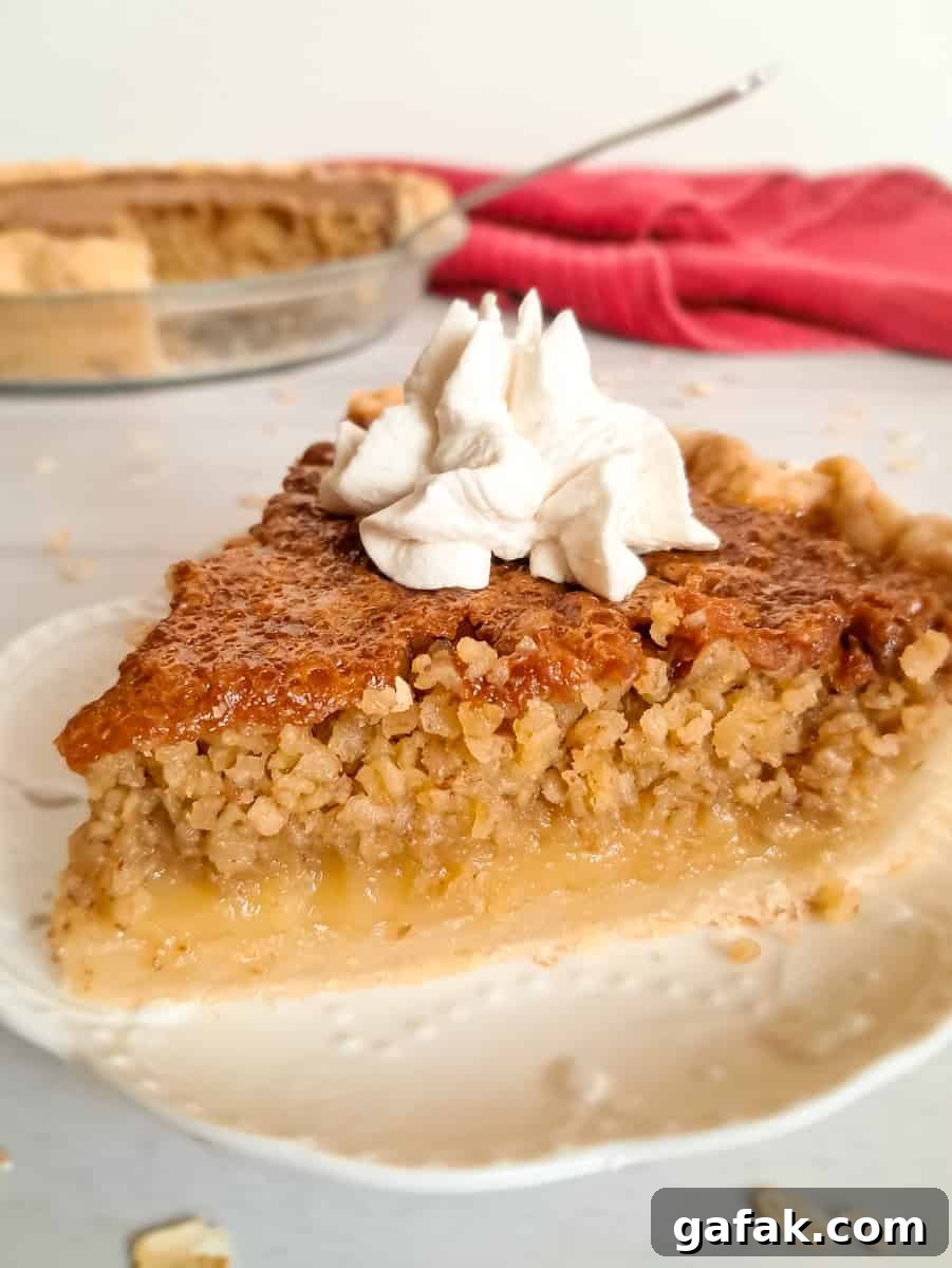 Amish Oatmeal Pie Recipe (Pecan-Style Mock Pie) 7 a closer up photo giving you a good look at a slice of this mock pecan pie with oatmeal.