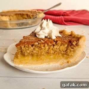 Amish Oatmeal Pie Recipe (Pecan-Style Mock Pie) 8 a slice of Amish oatmeal pie on a small plate with the remaining pie in the background.