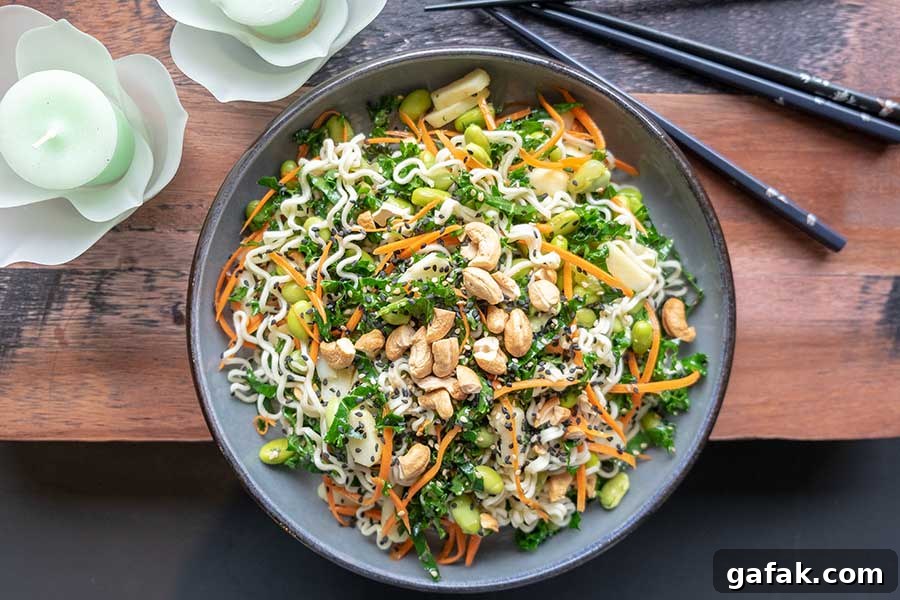 overview of gluten free vegan noodle salad in a bowl