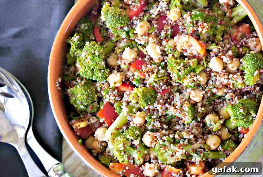 quinoa, broccoli, chickpea vegetarian salad