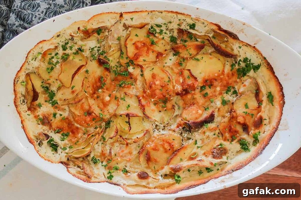 overview of baked scalloped potatoes in a casserole dish
