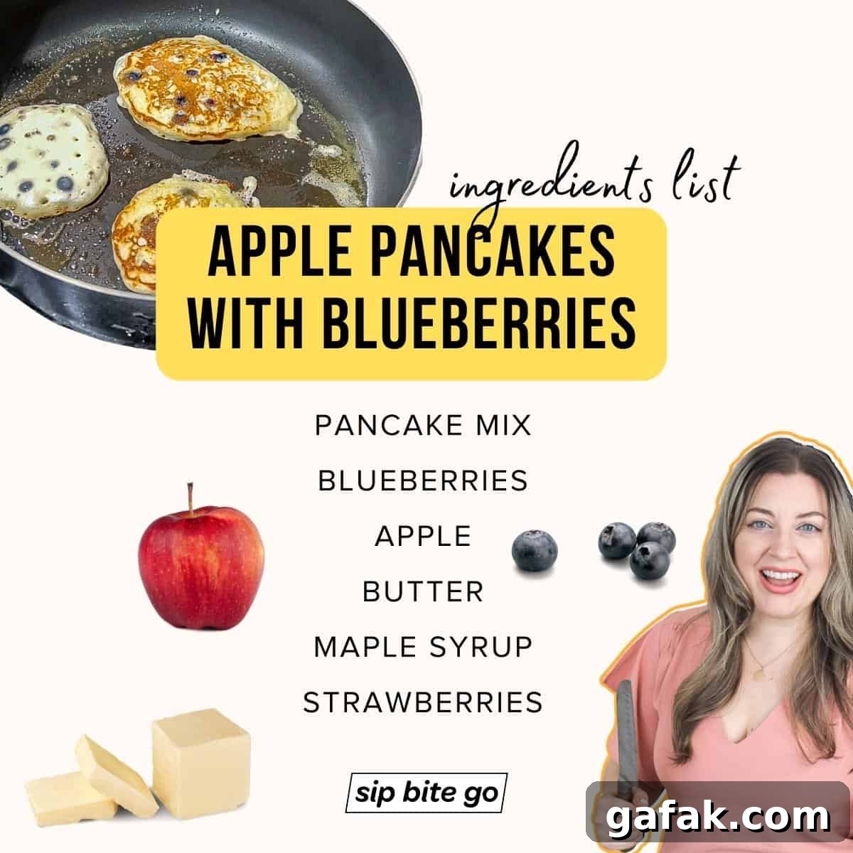 Infographic with ingredients list for Apple Pancakes With Blueberries