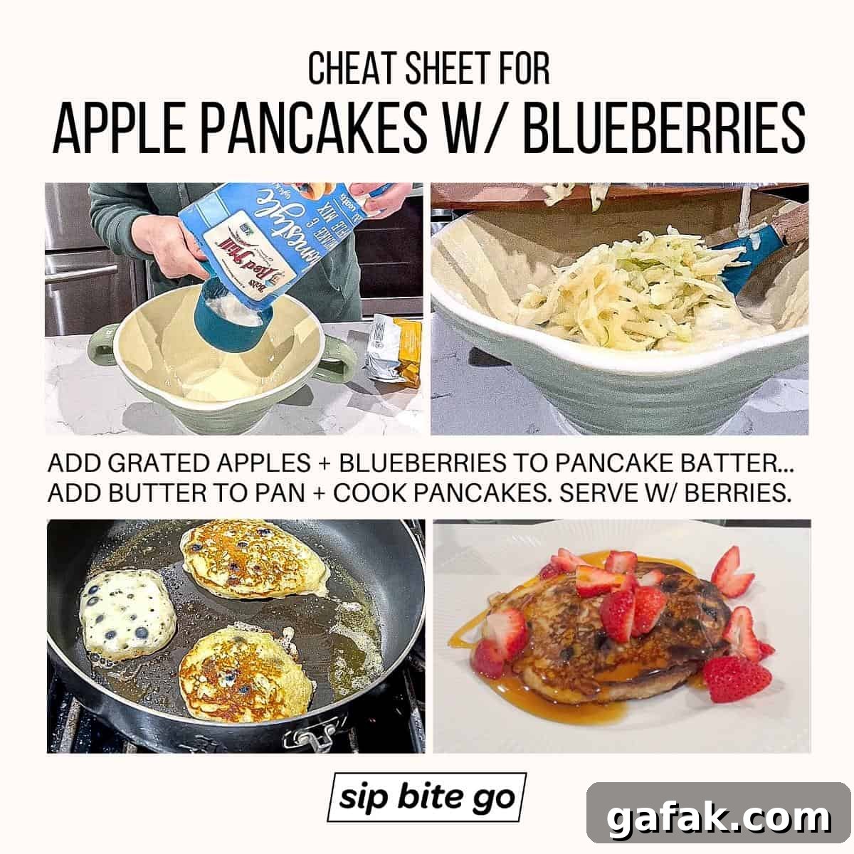 Infographic with recipe steps for making Apple Pancakes With Blueberries