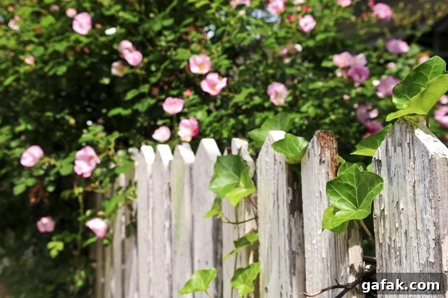 An old, flaking picket fence with ivy and pink roses hanging over it's top