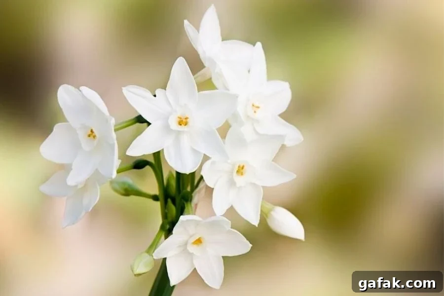 A cluster of star shaped, white narcissus with pale yellow centers